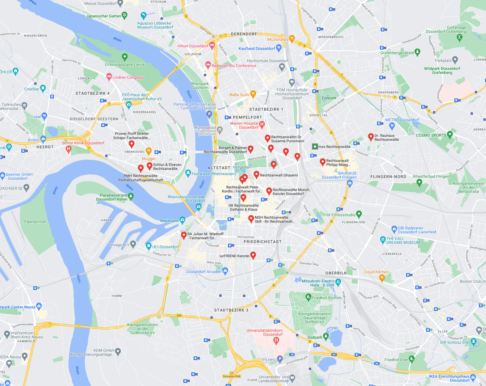 Suchen Sie nicht wahllos nach einem Anwalt für Berufsunfähigkeitsversicherung in Düsseldorf ohne Empfehlung oder Referenzen! - Lassen Sie sich einen ausgewiesenen Experten-Rechtsanwalt aus dem Anwaltsnetzwerk der Deutschen Schadenshilfe vermitteln, der Erfahrung mit BU-Fällen hat! (Screenshot Google Maps - Suche nach "Anwalt Berufsunfähigkeit Düsseldorf" am 08.06.2022)