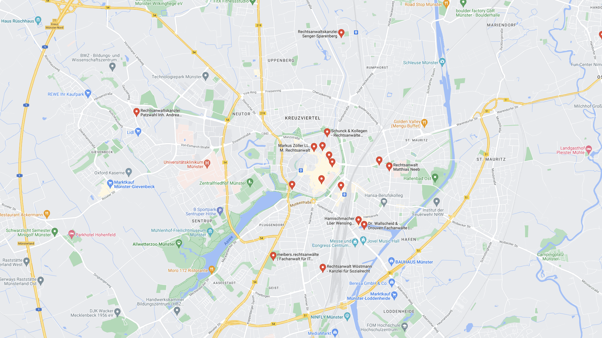 Rechtsanwalt in Münster zum Thema Berufsunfähigkeitsversicherung finden? Besser die Empfehlung und Anwaltsvermittlung der Deutschen Schadenshilfe nutzen! (Screenshot Google Maps Suche nach "Anwalt Berufsunfähigkeit Münster" am 13.06.2022)