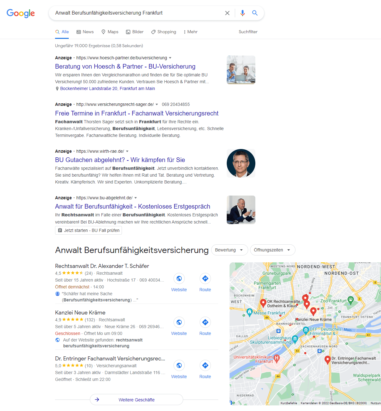 Sie suchen einen Rechtsanwalt mit Expertise im Bereich Berufsunfähigkeitsversicherung in Frankfurt? - Nehmen Sie nicht die erstbeste Kanzlei, sondern lassen Sie sich einen Fachanwalt aus dem Experten-Netzwerk der Deutschen Schadenshilfe empfehlen. Denn nur mit ausgewiesenen Experten haben Sie eine Chance gegen juristisch gut aufgestellte BU-Versicherungen! (Screenshot einer Google Suche nach Anwalt Berufsunfähigkeitsversicherung Frankfurt am 10.06.2022)