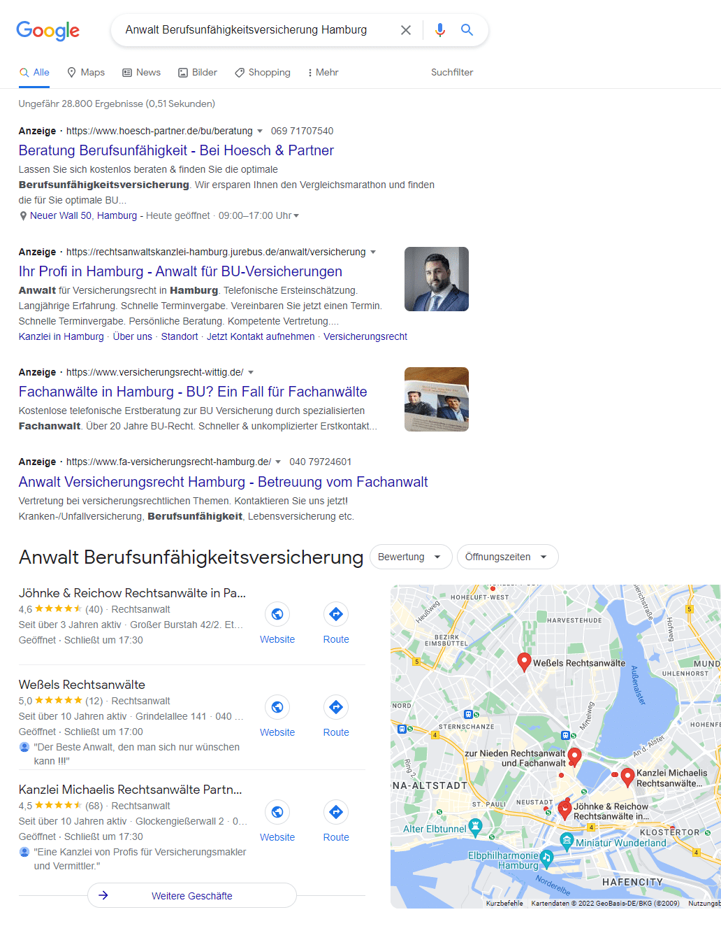 Suchen Sie nicht irgendeinen Rechtsanwalt zum Thema Berufsunfähigkeit in Hamburg - nutzen Sie Empfehlung ausgewiesener Experten von der Deutschen Schadenshilfe (Screenshot Google Suche nach -- Anwalt Berufsunfähigkeitsversicherung Hamburg -- am 10.06.2022)