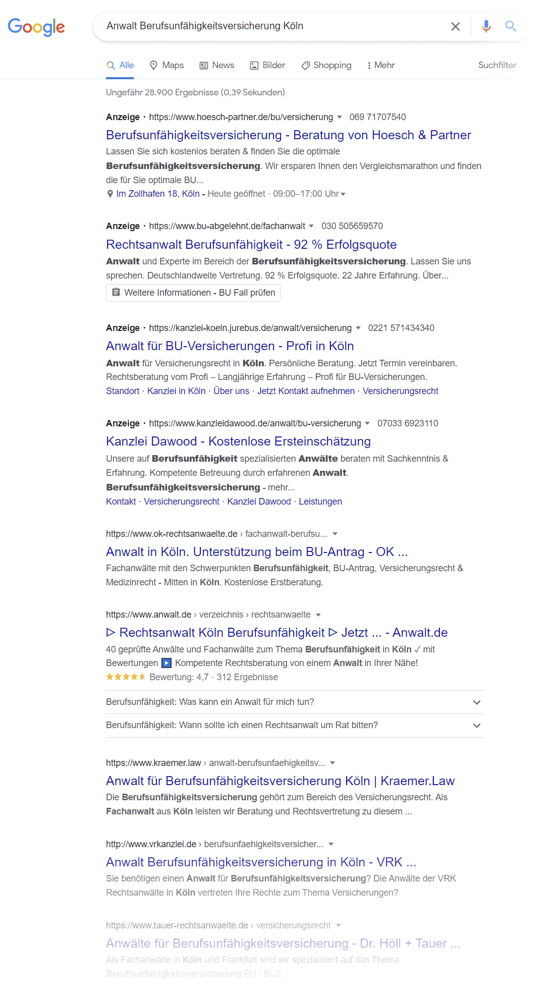 Bei Streit mit der BU-Versicherung sollten Sie keinen x-beliebigen Rechtsanwalt in Köln auswählen, sondern einen Fachanwalt für Versicherungsrecht mit sehr viel Erfahrung im Bereich Berufsunfähigkeitsversicherungen - gern vermitteln wir einen entsprechenden Kontakt aus unserem Experten-Netzwerk. (Screenshot Google Suche nach "Anwalt Berufsunfähigkeitsversicherung Köln" am 14.06.2022)