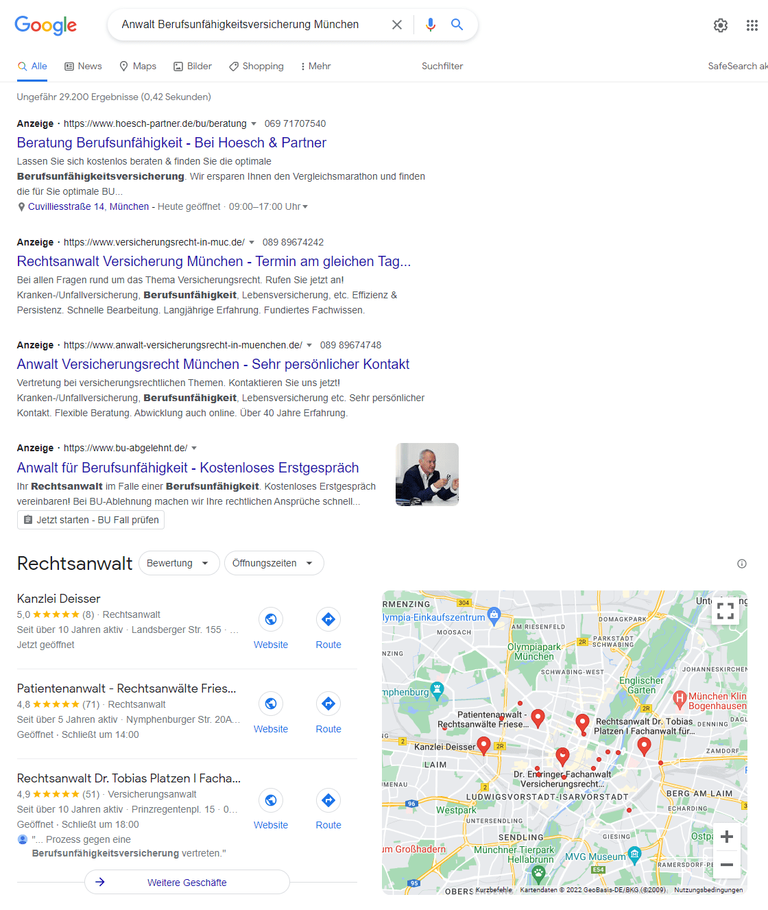 Nutzen Sie lieber unsere fundierte Empfehlung eines Fachanwalts, als wahllos und ohne Referenzen in Google nach einem Rechtsanwalt zum Thema Berufsunfähigkeit in München zu suchen... (Screenshot einer Suche nach "Anwalt Berufsunfähigkeitsversicherung München" am 10.06.2022 in Google)