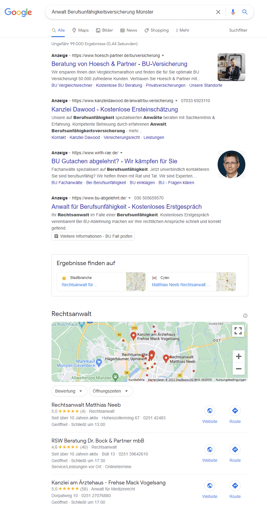 Um einen wirklich guten Fachanwalt zum Thema Berufsunfähigkeit zu finden - in Münster oder sonstwo im Bundesgebiet -, macht es häufig mehr Sinn, auf fundierte Empfehlungen zu hören, als einfach pauschal nach einem solchen Rechtsanwalt zu googlen. (Screenshot einer Suche nach "Anwalt Berufsunfähigkeitsversicherung Münster" in Google am 14.06.2022)