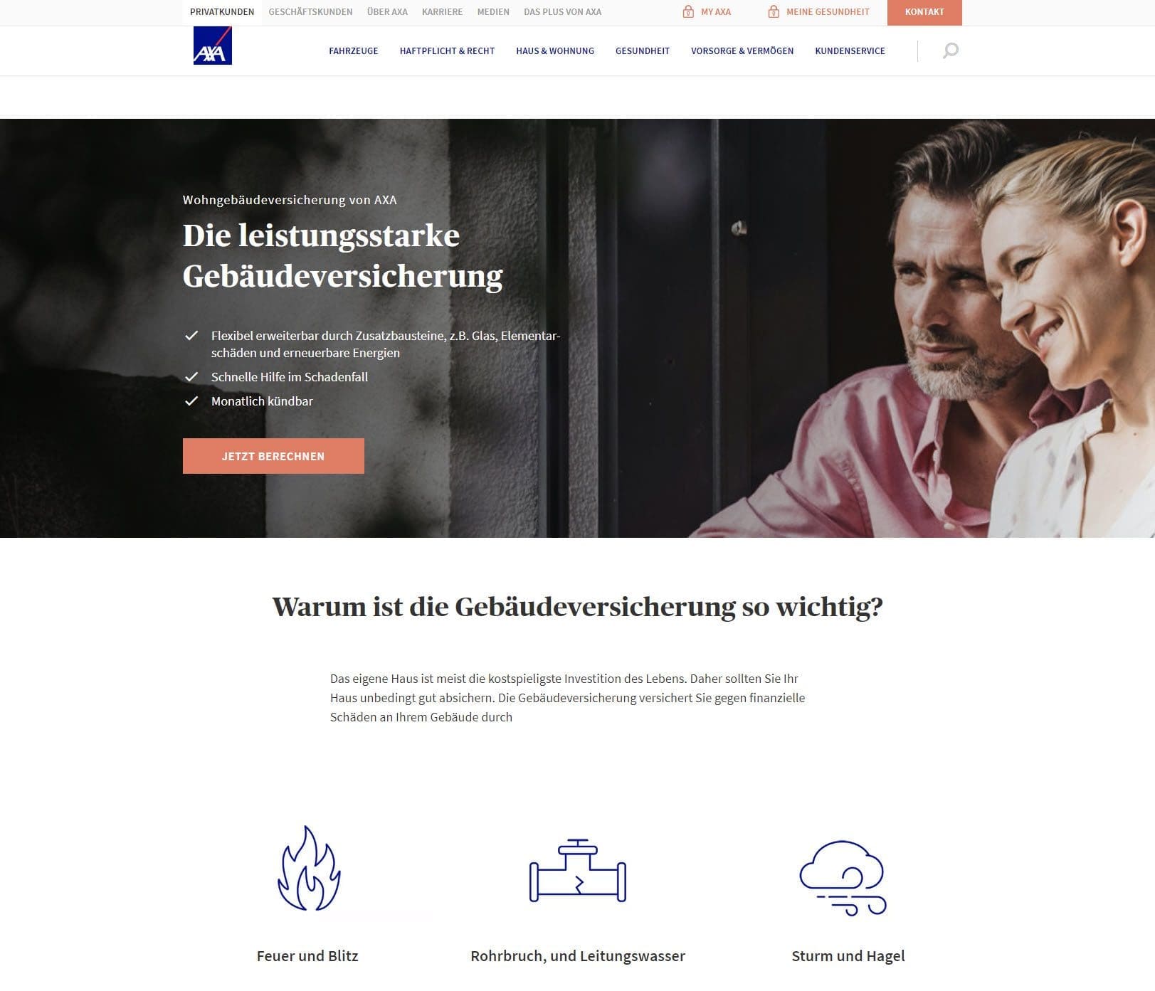 "Die leistungsstarke Gebäudeversicherung" - so wirbt die AXA auf ihrer Website. Umso enttäuschender, wenn man im eigenen Schadensfall plötzlich feststellt: Die AXA Wohngebäudeversicherung zahlt nicht! (Screenshot axa.de/pk/haus-wohnung/p/gebaeudeversicherung am 04.08.2022)