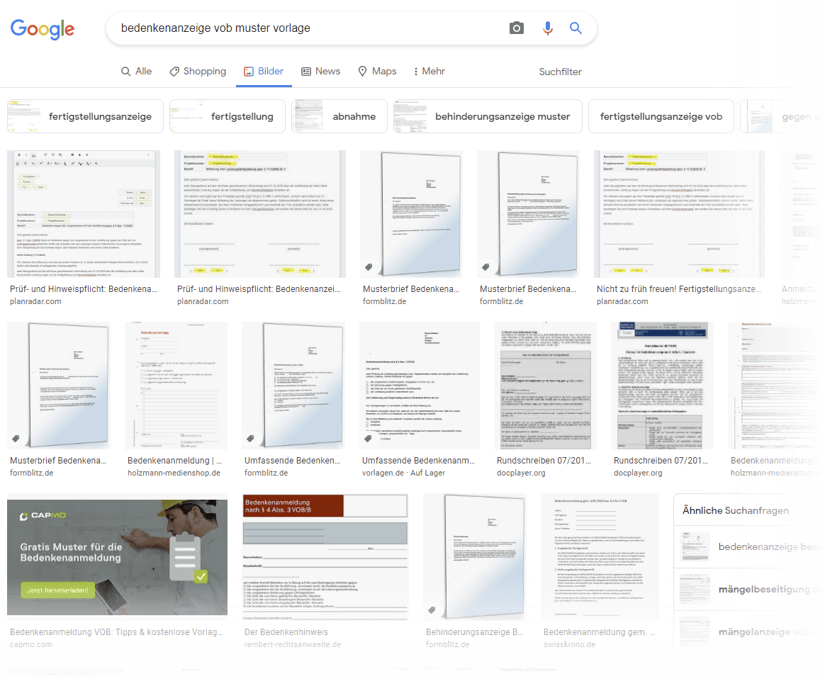 Musterbrief downloaden: Wer in Google nach -- Bedenkenanzeige VOB Muster Vorlage -- sucht, findet diverse Angebote zum Herunterladen von PDF- oder Word-Dokumenten, mit denen Bedenken förmlich angemeldet werden können (Screenshot Google Bildersuche am 30.05.2022)