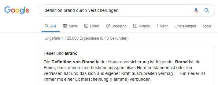 Brandfall: Was sagt zu Google zur Definition von Brand durch Versicherungen? (Screenshot 12.11.2019)