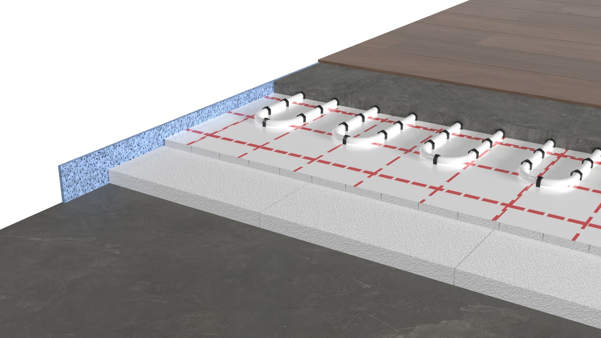 Technischer Fussbodenaufbau mit Fussbodendämmung und Trittschalldämmung; Fussbodenheizung mit Randdämmstreifen, Tackerplatte, Estrich und Fussboden (© mattisi / stock.adobe.com)