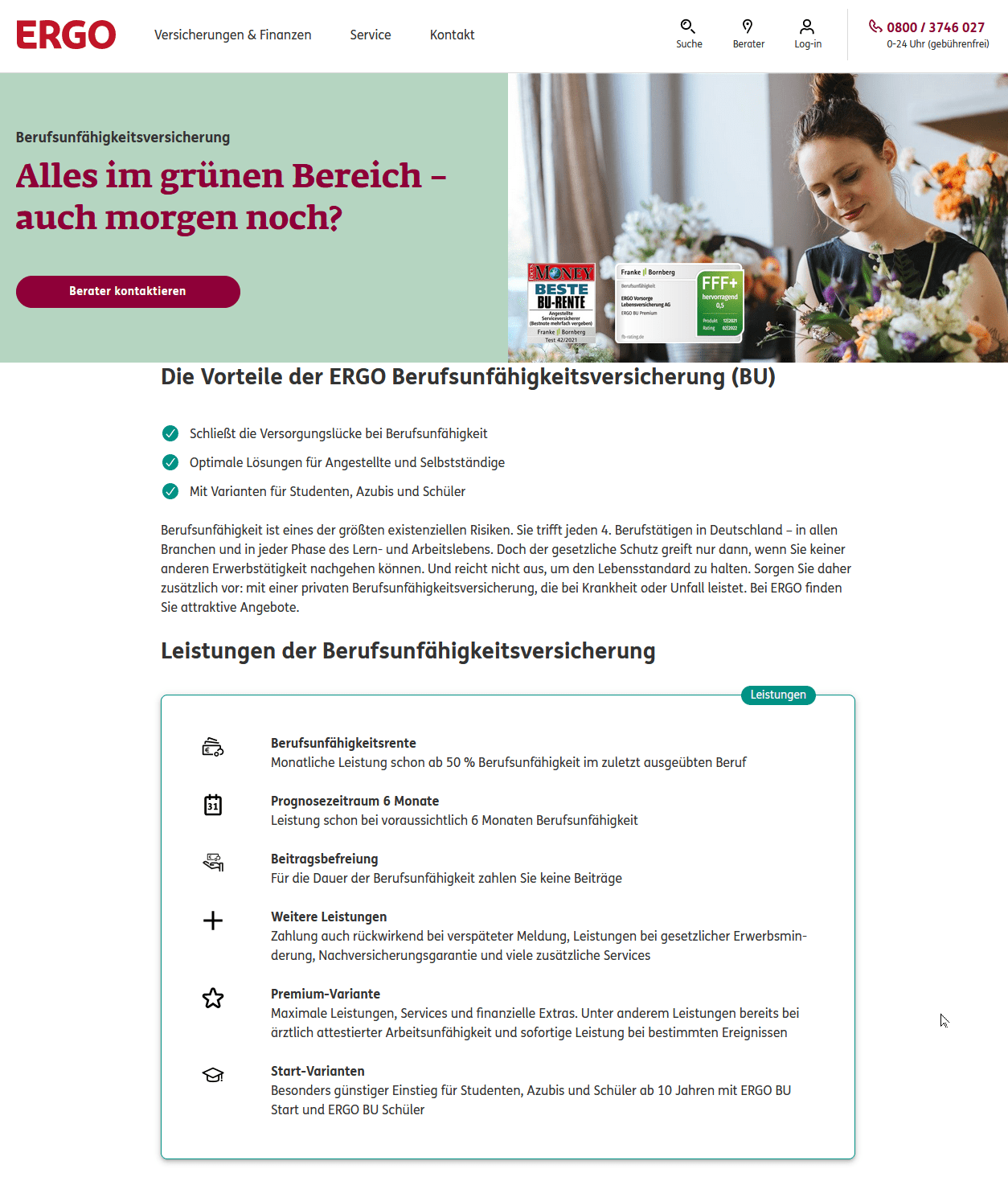 ERGO Berufsunfähigkeitsversicherung zahlt nicht? - Wir unterstützen Sie bei der Durchsetzung Ihrer Ansprüche! (Screenshot ergo.de/de/Produkte/Berufsunfaehigkeitsversicherung am 15.06.2022)