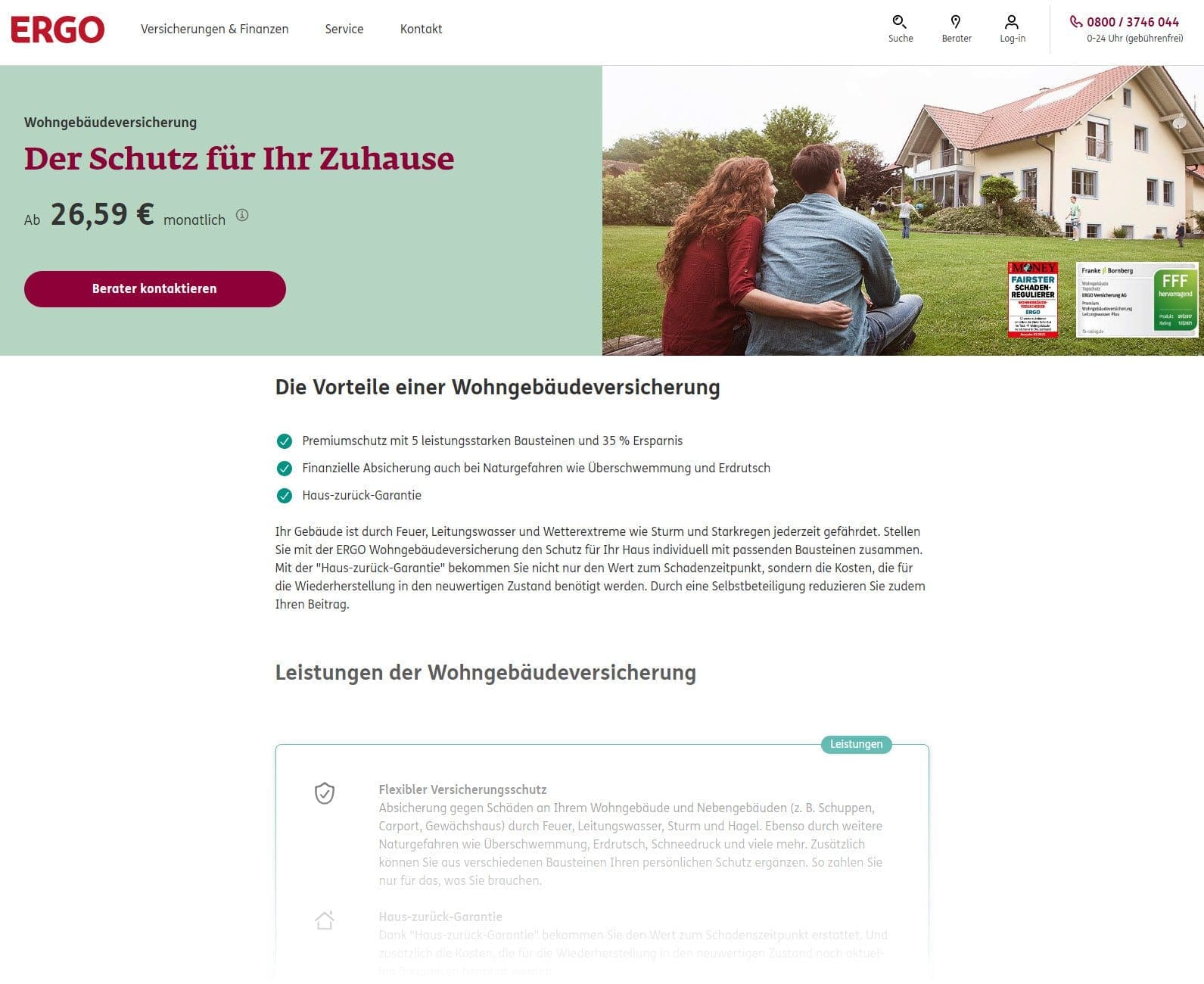 "Der Schutz für Ihr Zuhause" - so wirbt die ERGO auf ihrer Website für ihre Wohngebäudeversicherung. Stellt man im Schadensfall plötzlich fest: "Die ERGO Gebäudeversicherung zahlt nicht!", dann ist guter Rat gefragt. - Wir von der Deutschen Schadenshilfe unterstützen Sie! (Screenshot ergo.de/de/Produkte/Hausrat-und-Gebaeudeversicherung/Wohngebaeudeversicherung am 12.08.2022)