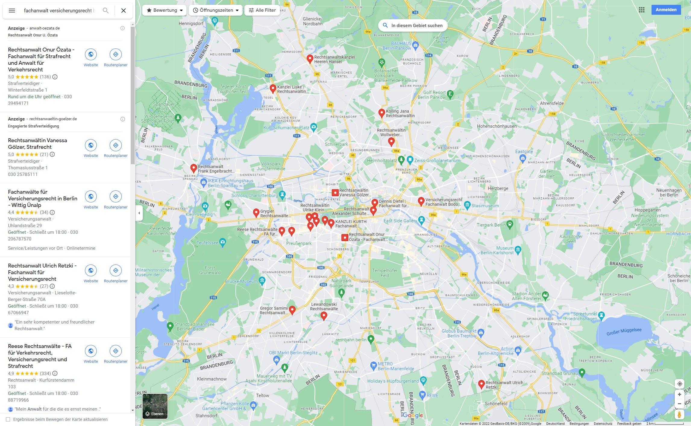 Anwalt für Versicherungsrecht in Berlin finden (Screenshot Google Suche nach "Fachanwalt Versicherungsrecht Berlin" am 22.08.2022)