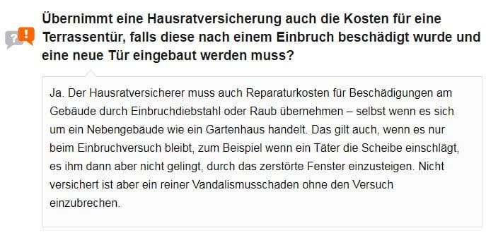 Übernimmt eine Hausratversicherung auch die Kosten für eine Terrassentür, falls diese nach einem Einbruch beschädigt wurde und eine neue Tür eingebaut werden muss? - Hausrat FAQ der Stiftung Warentest (Screenshot test.de/FAQ-Hausratversicherung-Wer-sie-braucht-was-versichert-ist-wichtige-Extras-4963790-0/#question-8 am 14.01.2020)