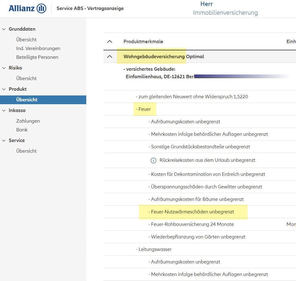 Rußbrand, Kaminbrand, Schornsteinbrand: In diesem Vertrag der Allianz Wohngebäudeversicherung sind Feuer-Nutzwärmeschäden unbegrenzt abgedeckt