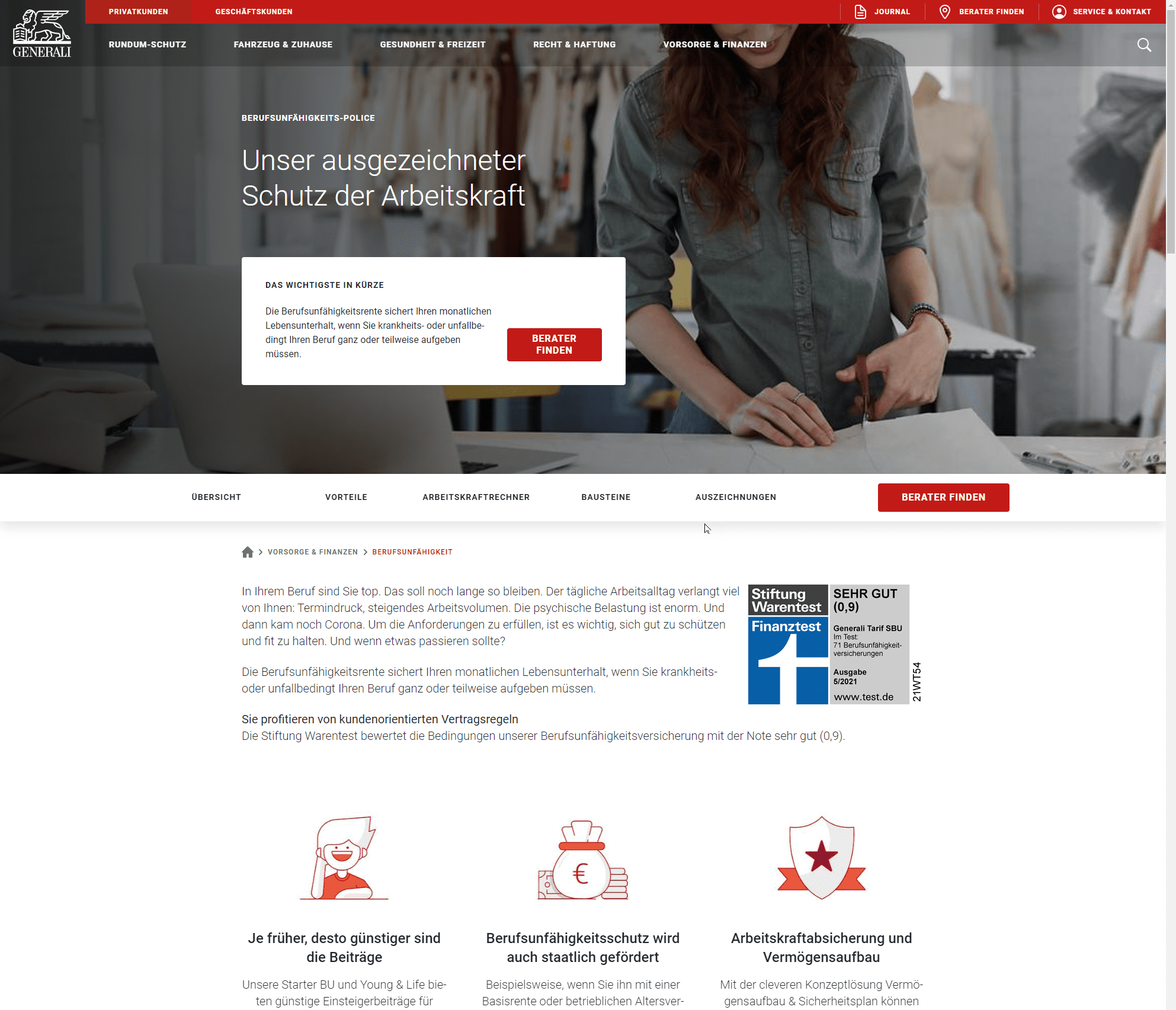 Generali Berufsunfähigkeitsversicherung zahlt nicht? - Was dann? (Screenshot generali.de/privatkunden/vorsorge-finanzen/berufsunfaehigkeitsversicherung am 15.06.2022)