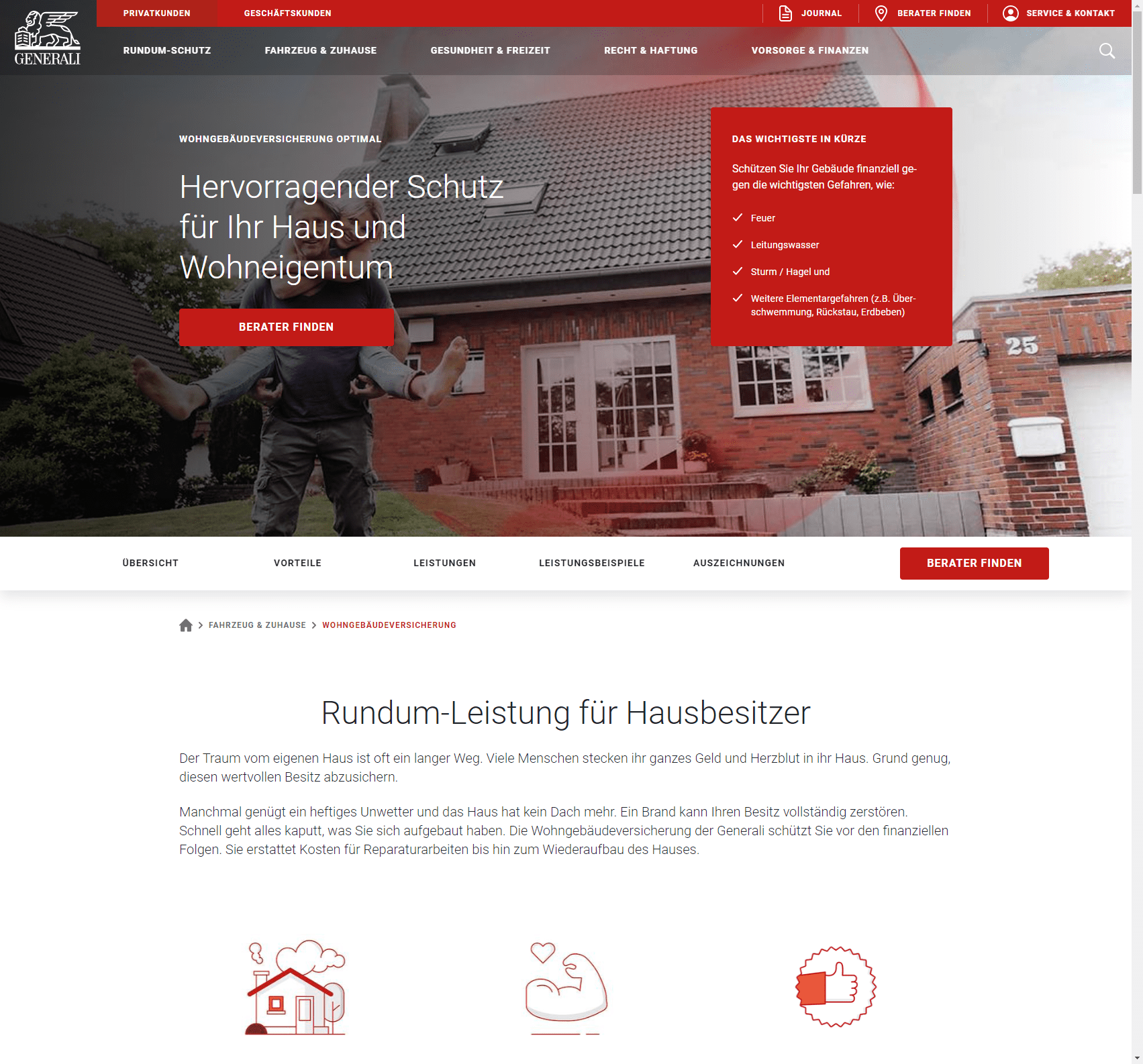 "Hervorragender Schutz für Ihr Haus und Wohneigentum" - so wirbt die Generali Wohngebäudeversicherung auf ihrer Website. Umso frustrierender, wenn man als Geschädigter in einem Schadenfall feststellt: Die Generali Gebäudeversicherung zahlt nicht! - In der artigen Fällen unterstützen die Experten der Deutschen Schadenshilfe. (Screenshot generali.de/wohngebaeudeversicherung am 13.07.2022)