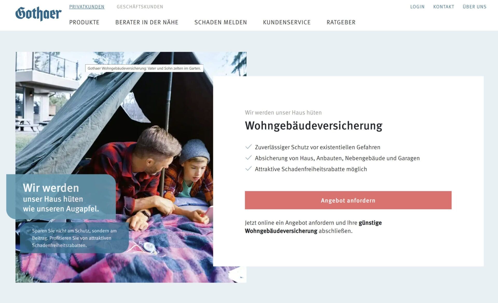 "Zuverlässiger Schutz vor existenziellen Gefahren" - so wirbt die Wohngebäudeversicherung auf ihrer Website. Umso ärgerlicher und enttäuschender, wenn man im eigenen Schadensfall feststellt: Meine Gothaer Gebäudeversicherung zahlt nicht! - Die Deutsche Schadenshilfe kann Sie in solchen Fällen unterstützen. (Screenshot gothaer.de/privatkunden/haus-und-wohnung/wohngebaeudeversicherung/ am 01.08.2022)