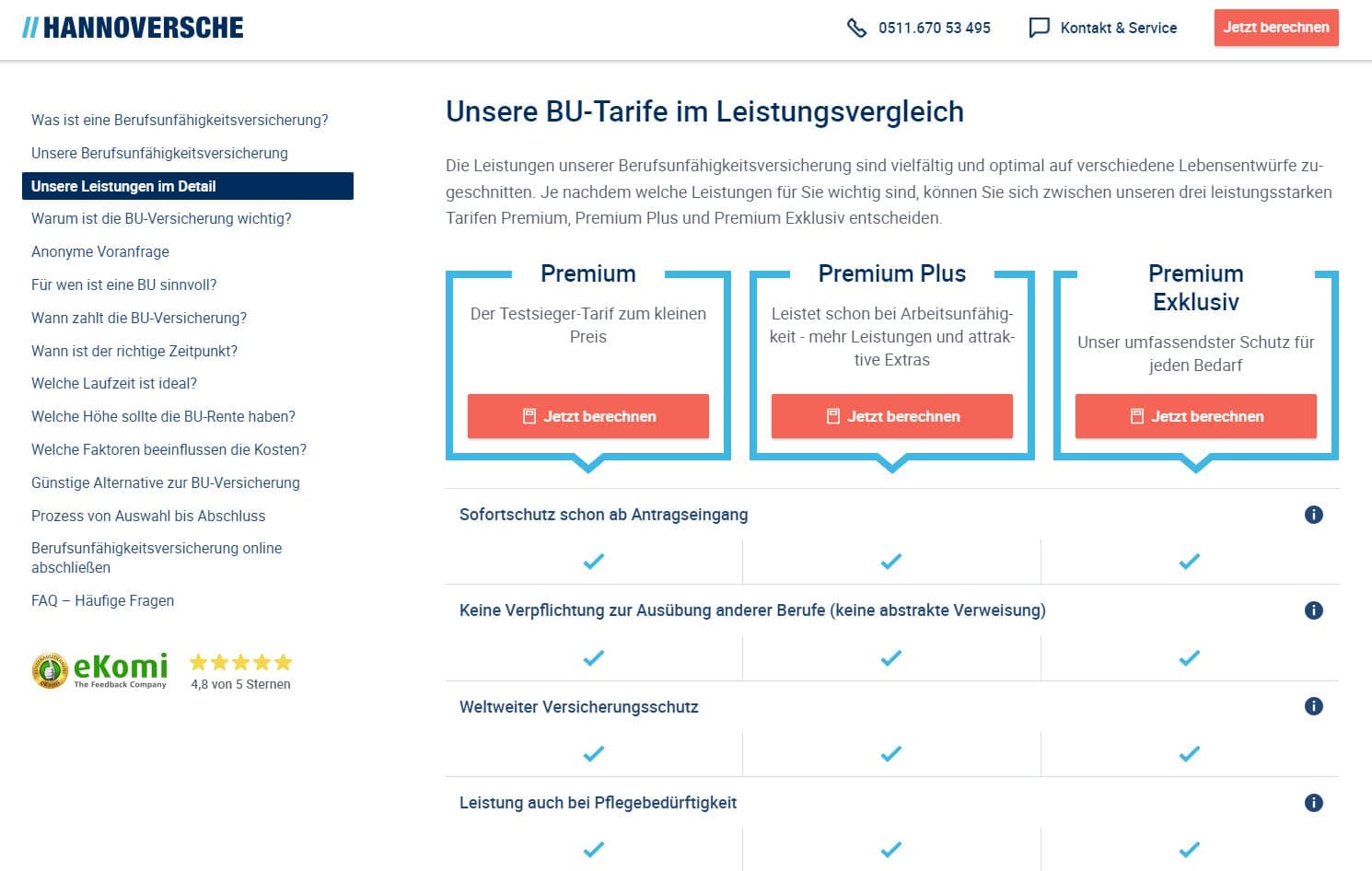 Premium, Premium Plus und Premium Exklusiv heißen die BU-Tarife der Hannoverschen. Das klingt nach hervorragendem, umfangreichen Schutz für den Fall einer eintretenden Berufsunfähigkeit. Umso unerwarteter für Betroffene, wenn es im Einzelfall plötzlich heißt: "Meine Hannoversche Berufsunfähigkeitsversicherung zahlt nicht". - Wir unterstützen Betroffene in solchen Fällen. (Screenshot hannoversche.de/berufsunfaehigkeitsversicherung am 11.09.2023)