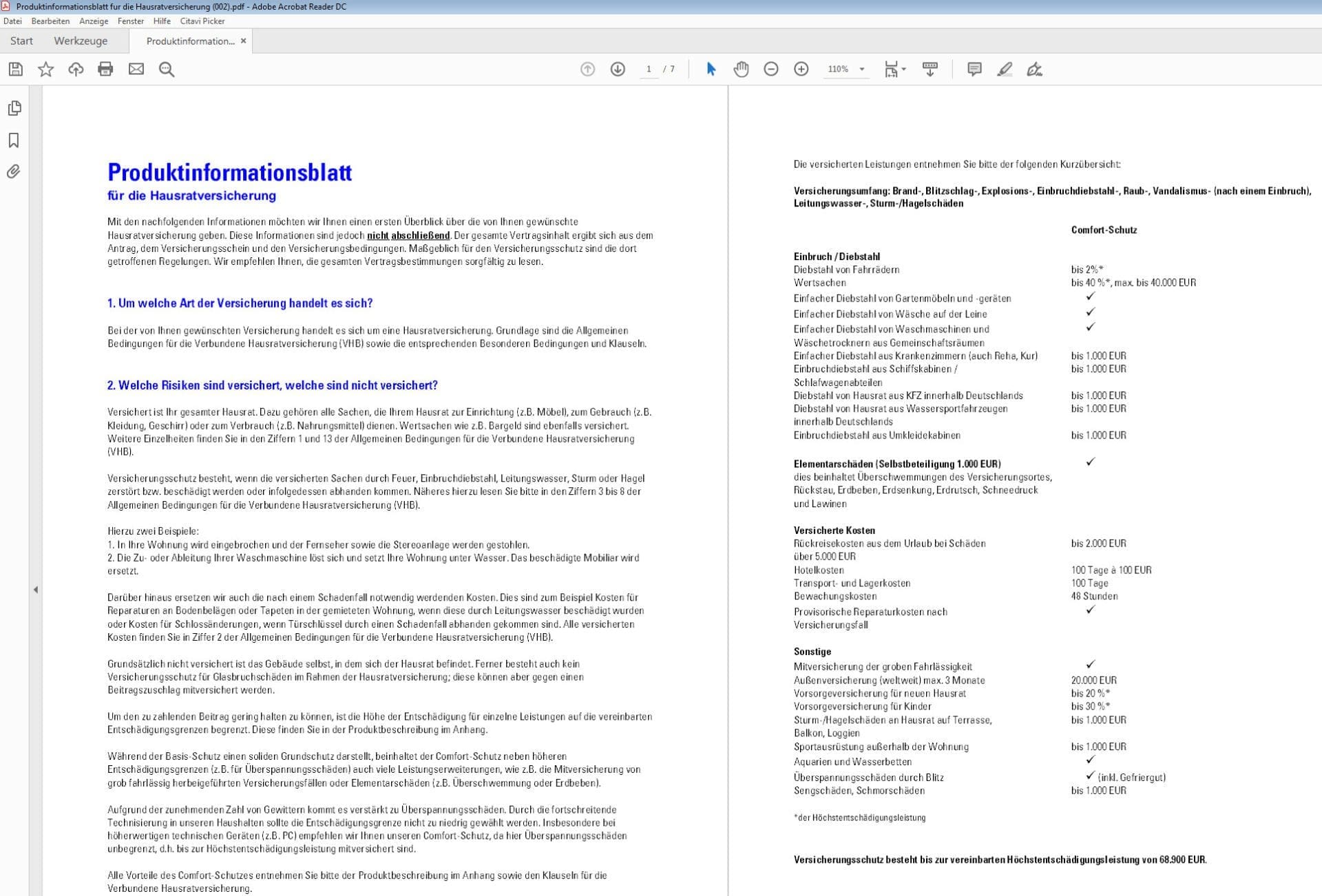 Hausratversicherung: Was wird bezahlt? - Welche Leistungen in welchem Umfang enthalten sind, kann man dem Produktinformationsblatt des Versicherers entnehmen; hier am Beispiel der CosmosDirekt Hausrat Comfort Schutz (Screenshot 28.10.2019)