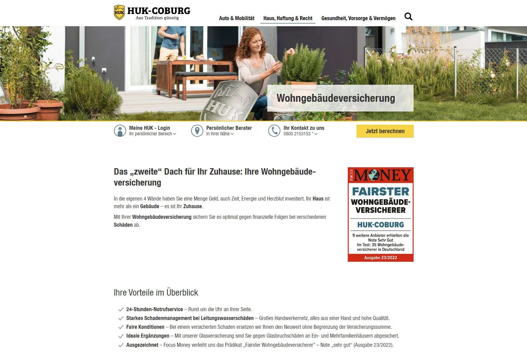 HUK Gebäudeversicherung zahlt nicht? - Wir helfen! (Screenshot huk.de/haus-haftung-recht/haus-wohnung/wohngebaeudeversicherung.html am 19.08.2022)