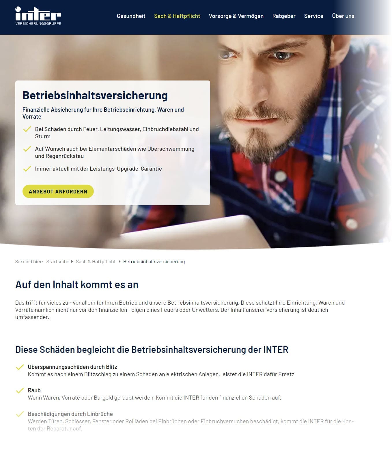 "Betriebsinhaltsversicherung: Finanzielle Absicherung für Ihre Betriebseinrichtung, Waren und Vorräte." - So wirbt die Inter Versicherung. Elementarschäden sind nur "auf Wunsch" mitversichert. (Screenshot inter.de/sach-haftpflicht/betriebsinhaltsversicherung am 29.08.2023)