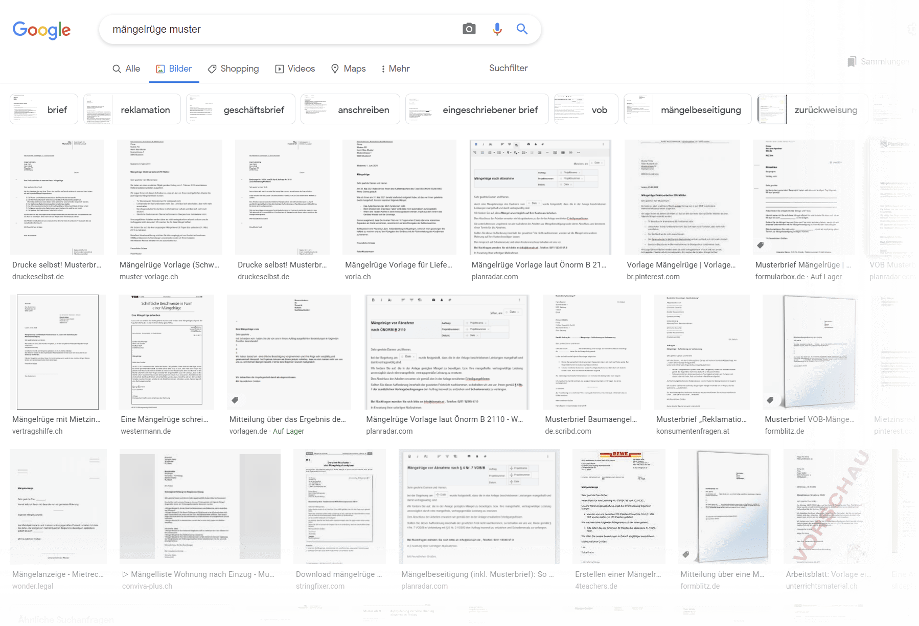 Mängelrüge Musterschreiben gibt es im Netz zuhauf. Doch taugen diese Vorlagen etwas, die man kostenlos online als PDF oder Word-DOC herunterladen kann? (Screenshot Google Bildersuche nach "Mängelrüge Muster" am 07.07.2022)