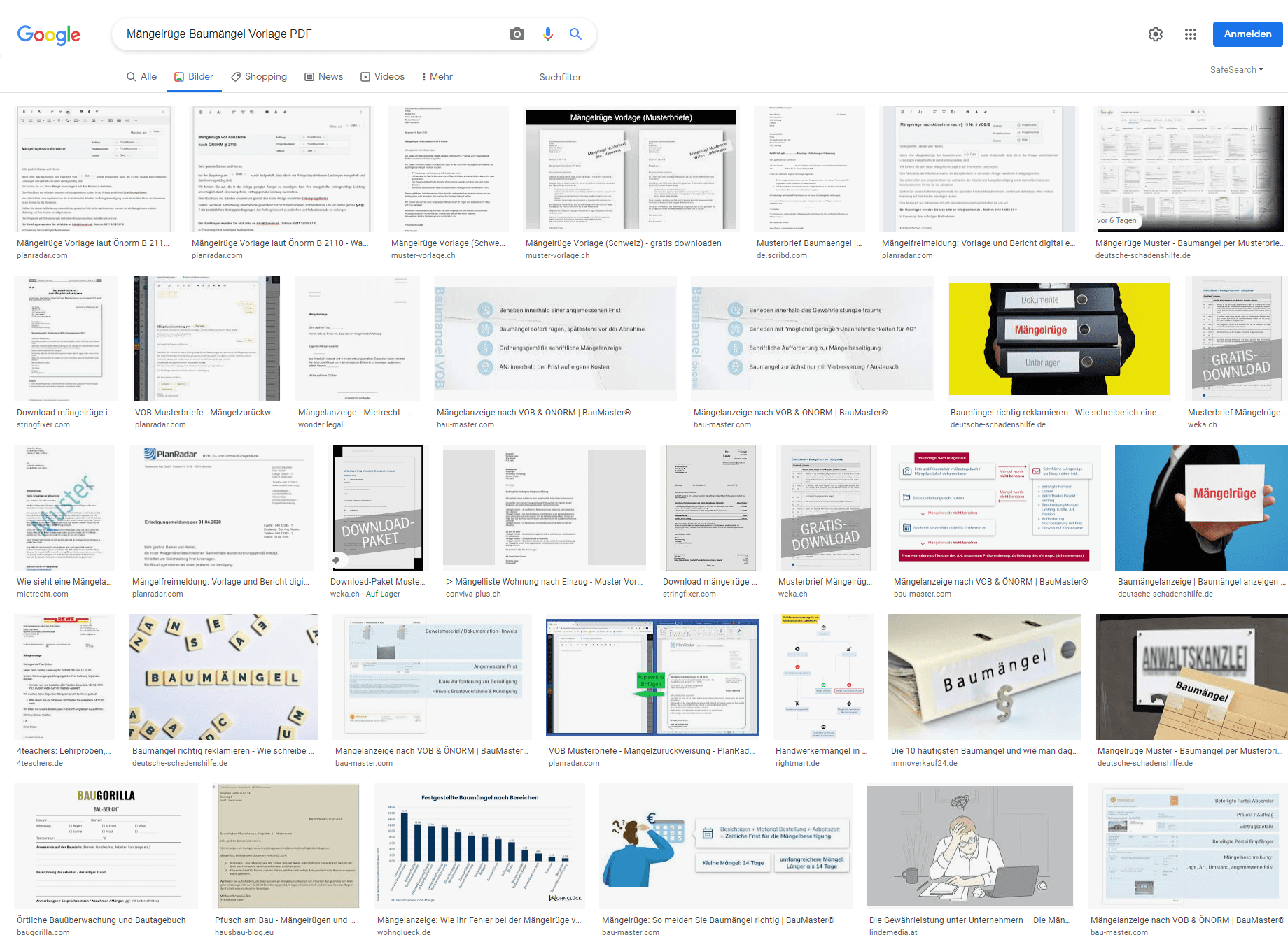 Wer im Netz nach kostenlosen Vorlagen für Mängelrügen bzw. die Anzeige von Baumängeln sucht, hat offenbar entsprechende Mängel und Schäden am Bau schon gefunden. Betroffene sollten wissen, dass es oftmals besser ist, größere Baumängel via Anwalt zu klären, um seine Ansprüche auch wirklich durchgesetzt zu bekommen. Der "Gratis-Musterbrief" oder die "kostenlose Vorlage zum Downloaden" löst das Problem meist noch nicht... (Screenshot Google Bildersuche nach "Mängelrüge Baumängel Vorlage PDF" am 13.07.2022)