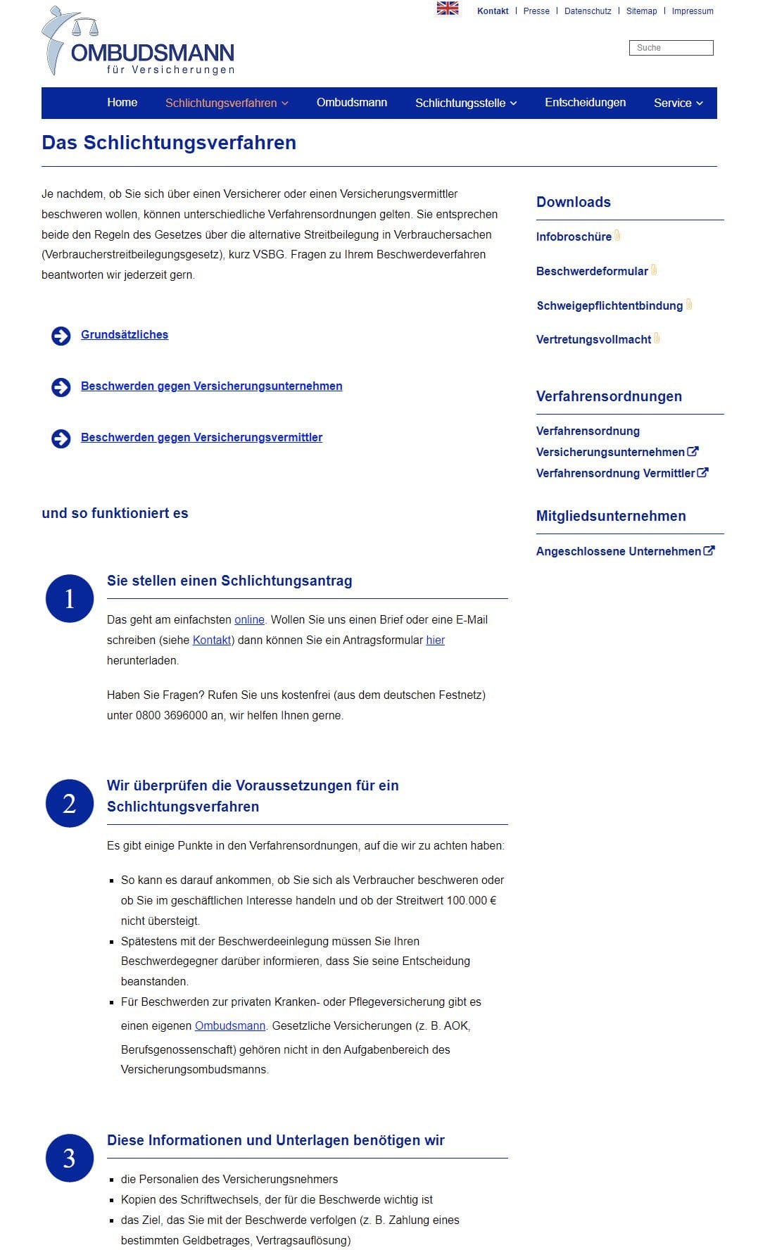 Die Website des Ombudsmannes für Versicherungen informiert über Voraussetzungen und Ablauf des Schlichtungsverfahrens (Screenshot versicherungsombudsmann.de/das-schlichtungsverfahren/ am 11.03.2022)