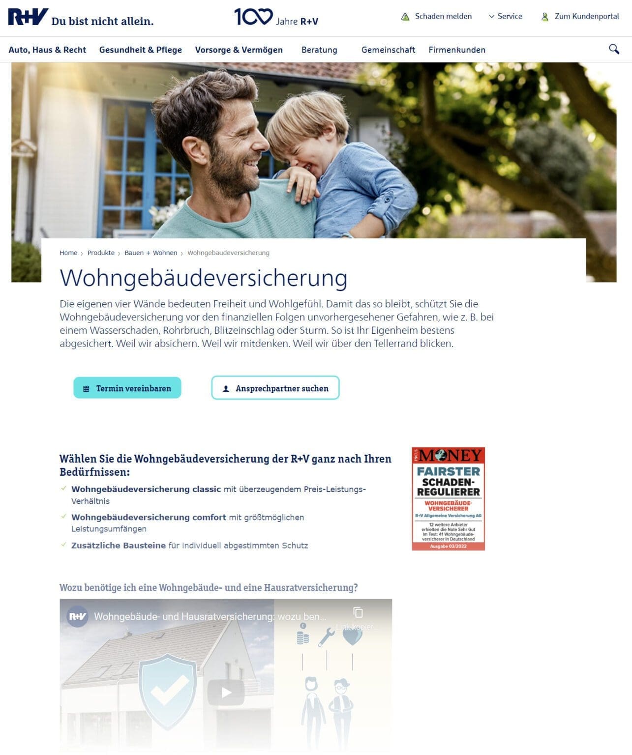 R+V Gebäudeversicherung zahlt nicht? - Wir helfen! (Screenshot ruv.de/privatkunden/bauen-wohnen/wohngebaeudeversicherung am 17.08.2022)