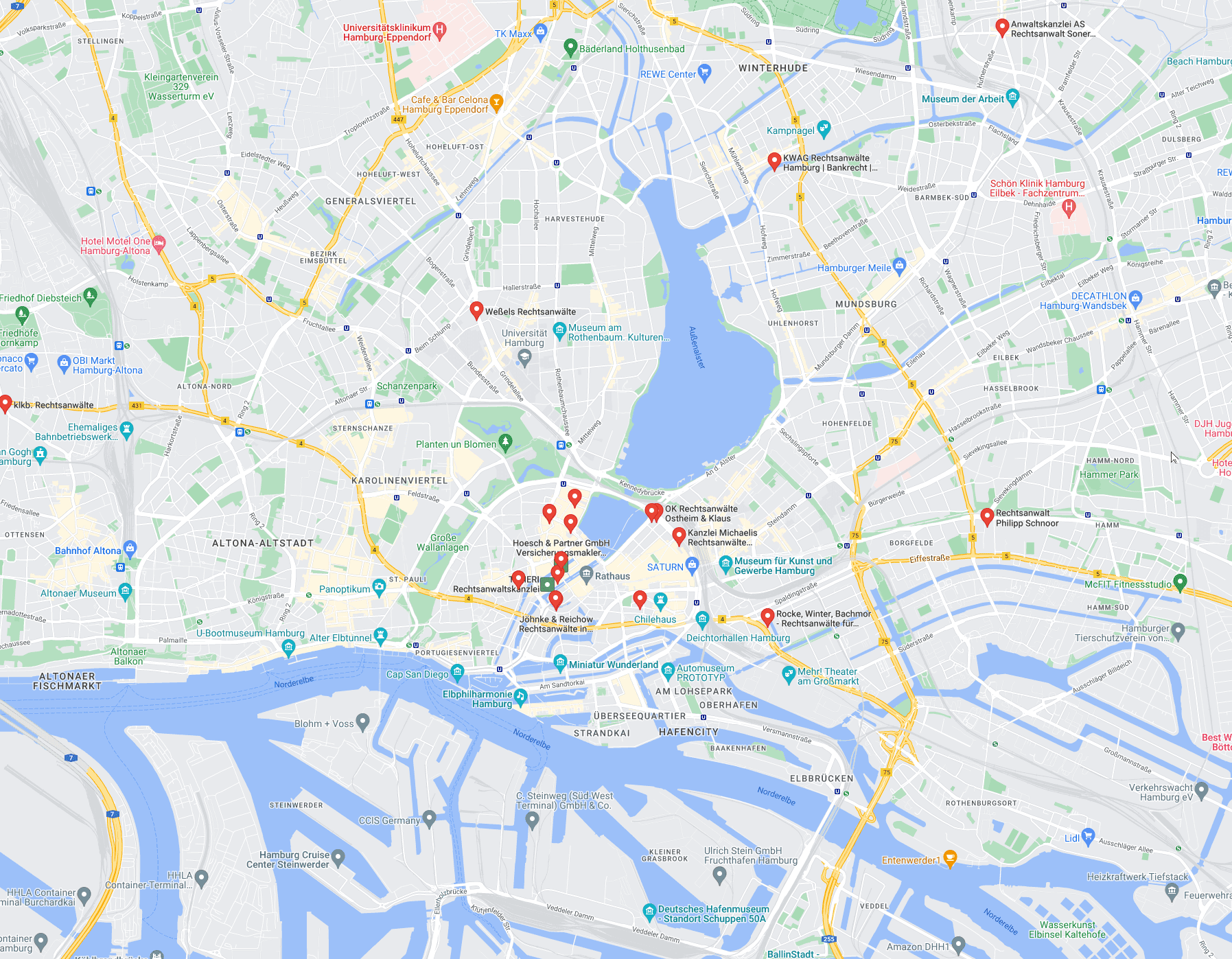Suche nach einem Anwalt zum Thema Berufsunfähigkeit in Hamburg (Screenshot Google Maps Suche nach "Rechtsanwalt Berufsunfähigkeitsversicherung Hamburg" am 10.06.2022)