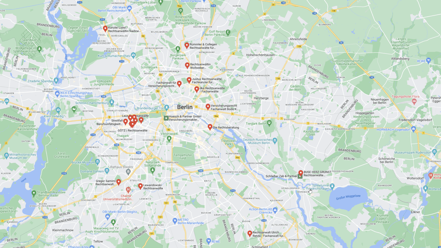 Anwälte für das Thema Berufsunfähigkeit in Berlin? Wir empfehlen bundesweit Profis zum Thema BU-Streitigkeiten! (Screenshot Google Maps Suche nach "Rechtsanwalt Berufsunfähigkeitsversicherung Berlin" am 14.06.2022)