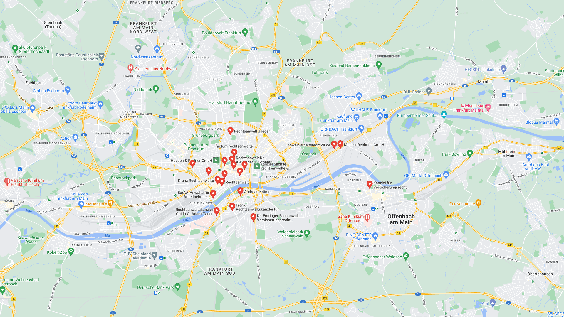 Anwalt zum Thema Berufsunfähigkeit in Frankfurt finden (Screenshot der Suche nach Rechtsanwalt Berufsunfähigkeitsversicherung Frankfurt in Google Maps am 10.06.2022)