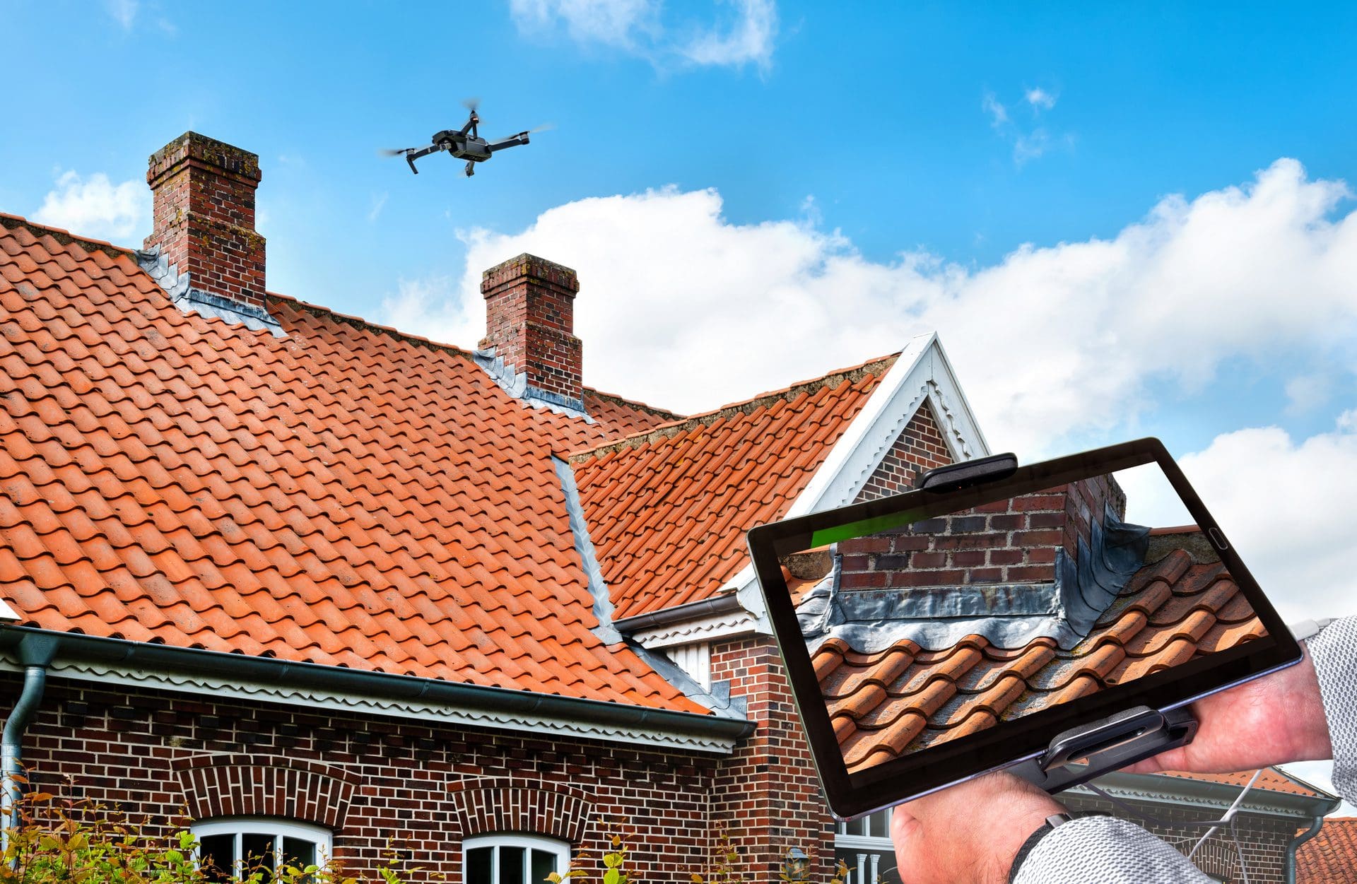 Sachverständiger für Bauschadenbewertung nutzt Drohne zur Begutachtung eines Schadens am Dach (© EKH-Pictures / stock.adobe.com)