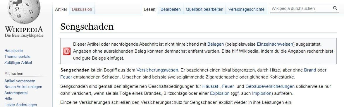 Sengschaden Wiki: Die Wikipedia beschreibt Sengschäden als Begriff aus dem Versicherungswesen, und erläutert, inwieweit diese in Hausratversicherung, Feuerversicherung, Gebäudeversicherung versichert sind oder nicht (Screenshot de.wikipedia.org/wiki/Sengschaden am 20.11.2019)