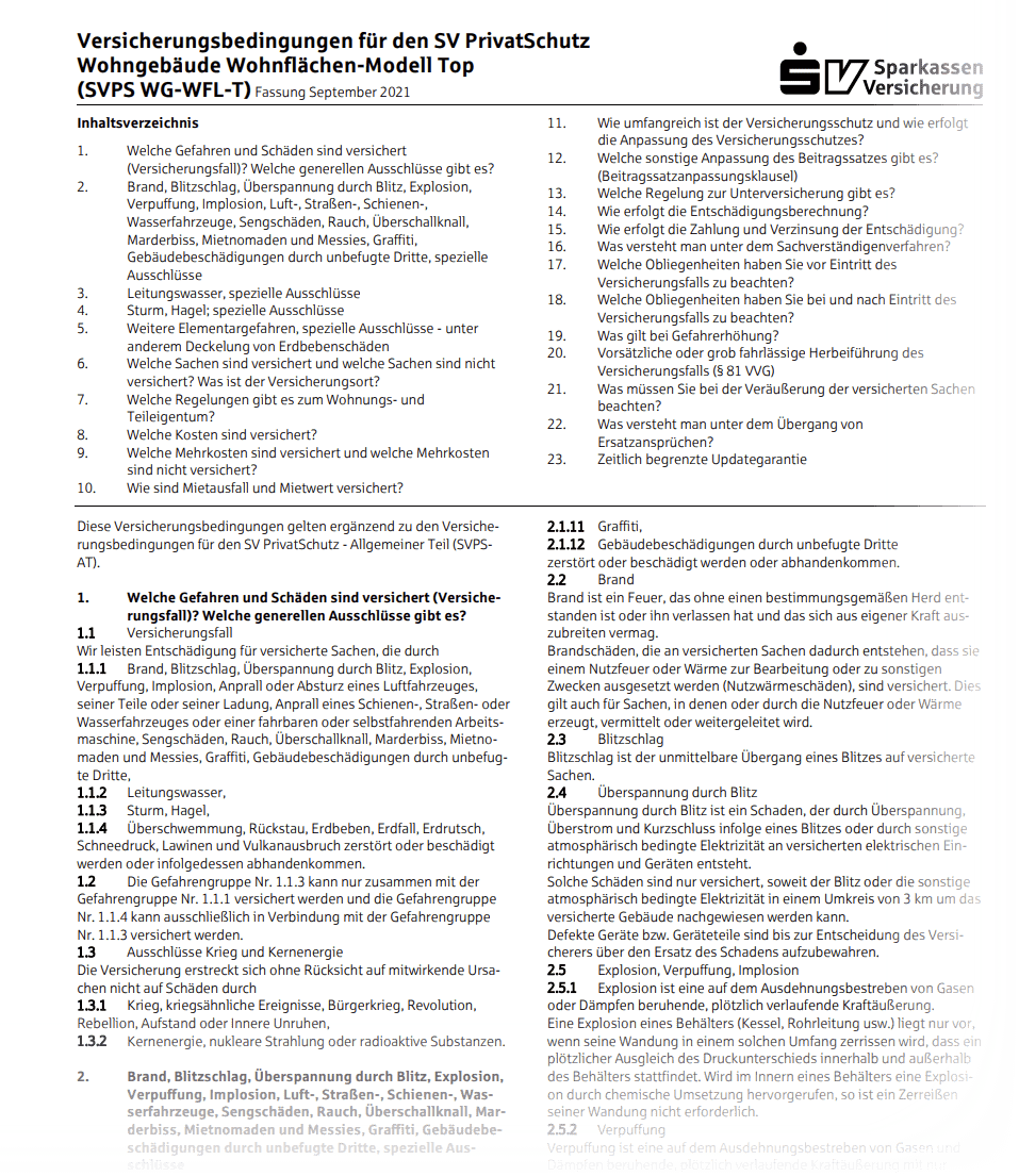 Versicherte entdecken in den Versicherungsbedingungen oft erst zu spät, dass bestimmte Risiken nicht abgedeckt sind (hier: Screenshot sparkassenversicherung.de/export/sites/svag/_resources/download_galerien/bedingungen/23-688.pdf am 30.06.2022)