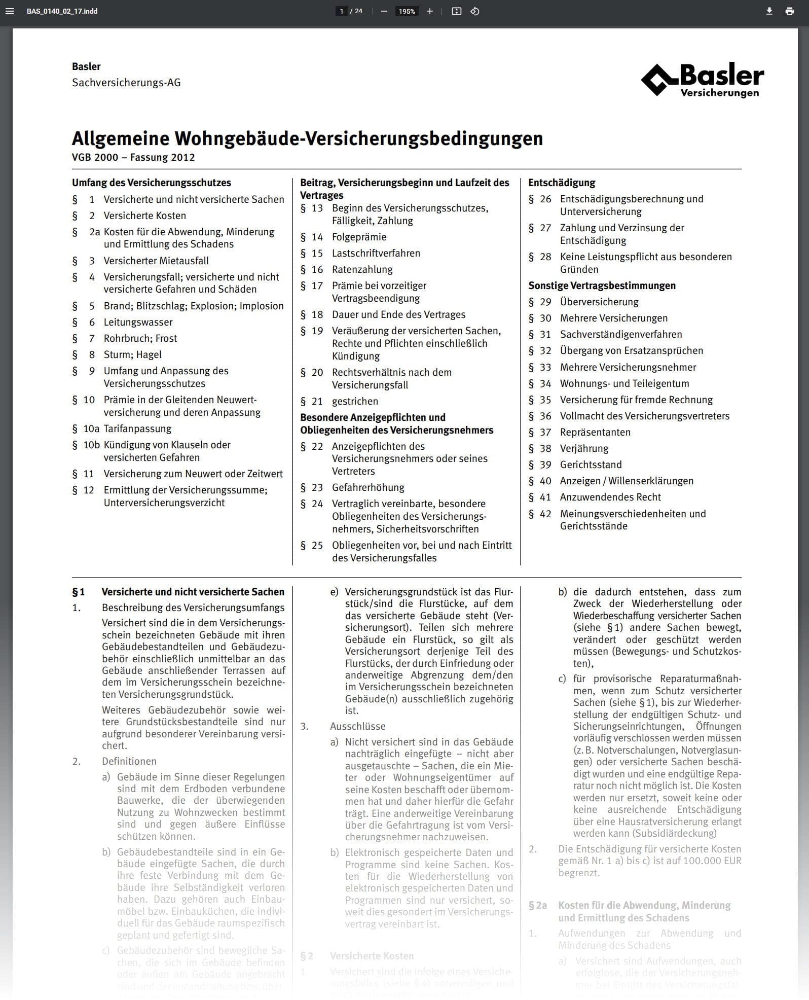 Basler Wohngebäudeversicherung zahlt nicht?! - Nicht immer erfolgt die Ablehnung aufgrund der Versicherungsbedingungen. Schalten Sie bei größeren Schäden unbedingt einen Fachanwalt für Versicherungsrecht an, um den Fall prüfen zu lassen! (Screenshot PDF 04.08.2022, basler.de/dam/basler-de/privatkunden/de/documents/gebauedeversicherung/Basler-Gebaeudeversicherung-Bedingungen)